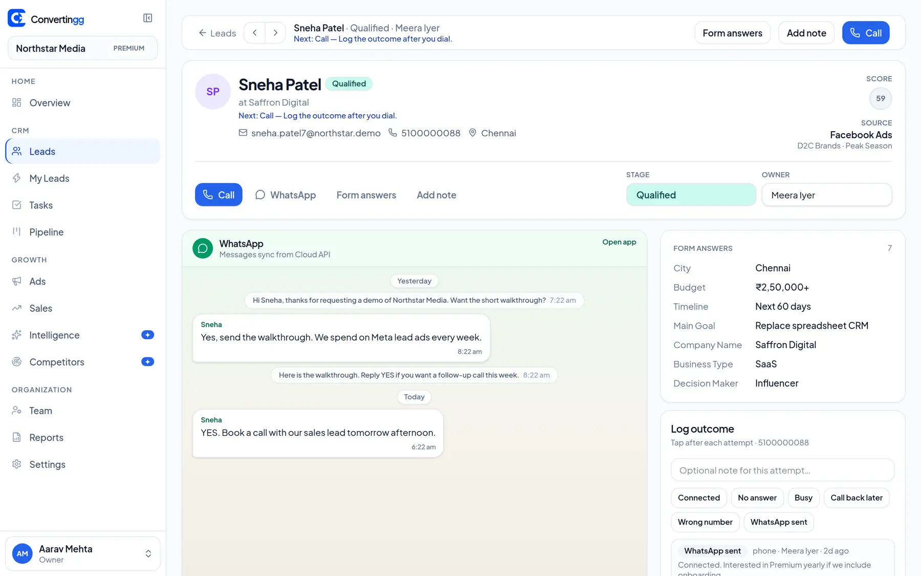 Convertingg lead profile with a WhatsApp thread for opener, walkthrough, and follow-up